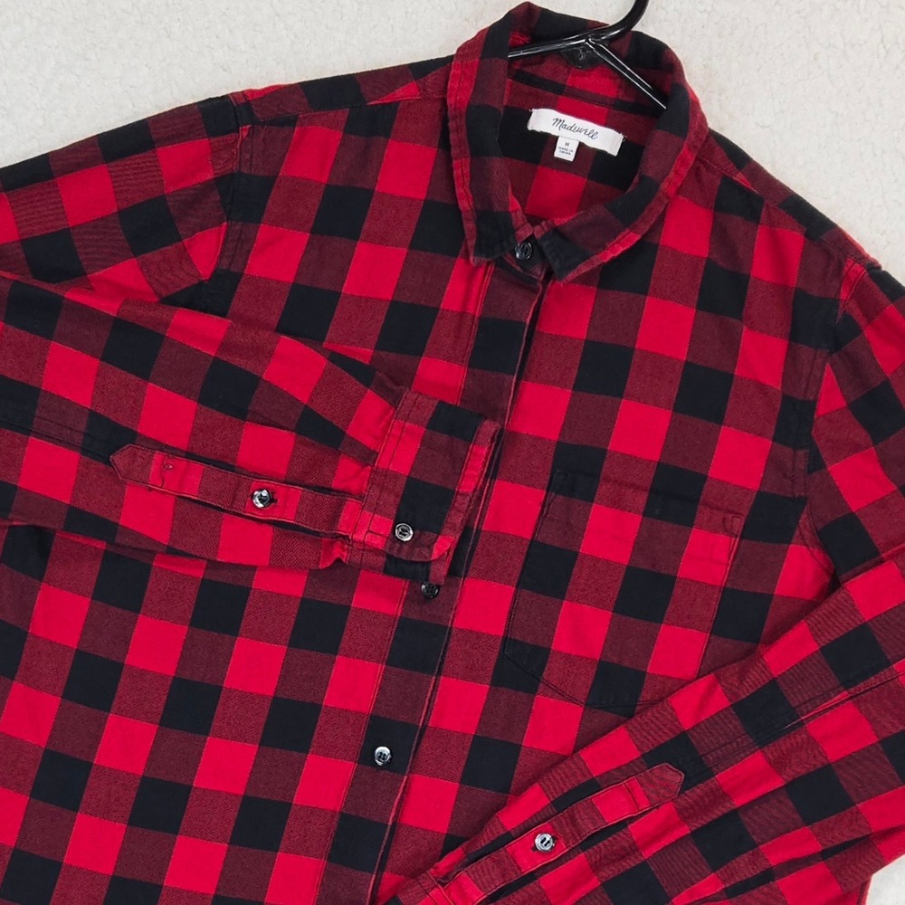 Madewell Buffalo Check Flannel Shirt Women M Red Black Plaid Tie Front Button Up - Picture 2 of 14